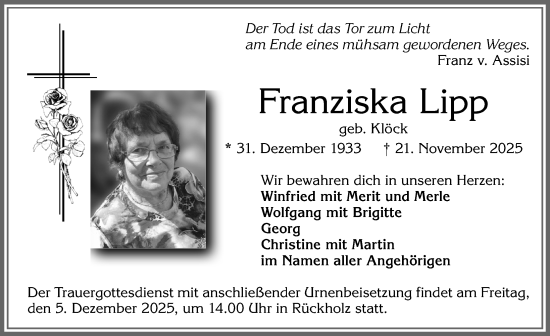 Traueranzeige von Franziska Lipp von Allgäuer Zeitung, Füssen