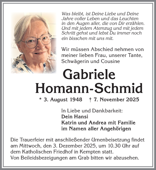 Traueranzeige von Gabriele Homann-Schmid von Allgäuer Zeitung,Kempten