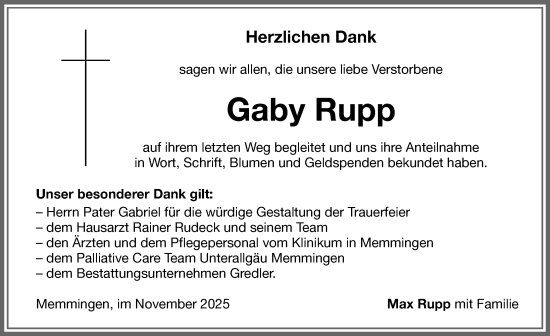 Traueranzeige von Gaby Rupp von Memminger Zeitung