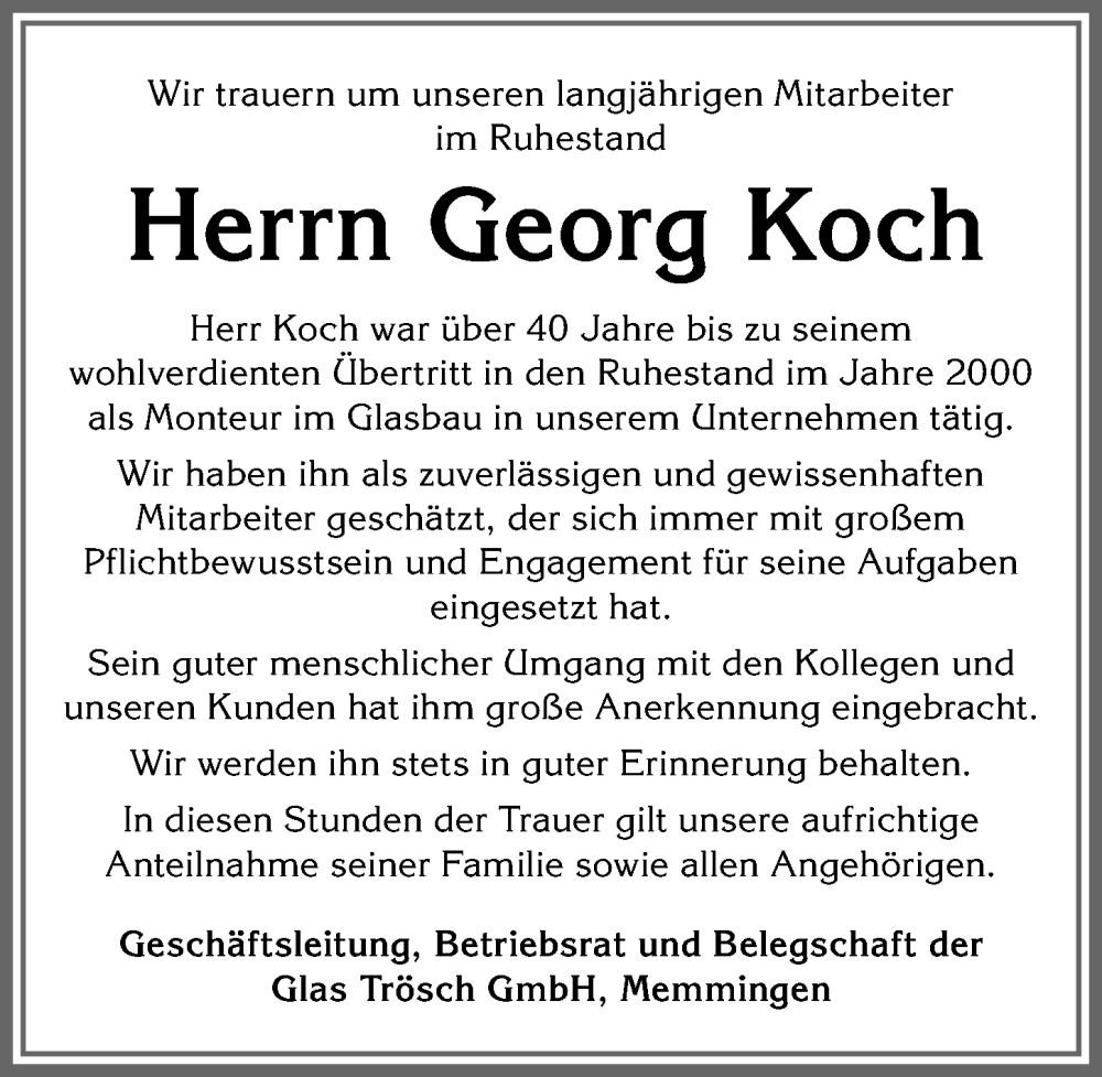  Traueranzeige für Georg Koch vom 19.11.2025 aus Memminger Zeitung