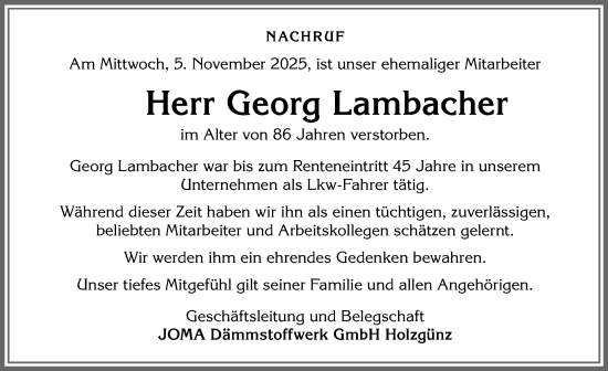 Traueranzeige von Georg Lambacher von Memminger Zeitung