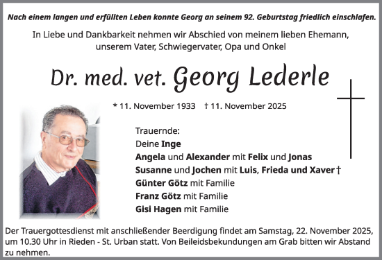 Traueranzeige von Georg Lederle von Allgäuer Zeitung, Füssen