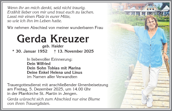 Traueranzeige von Gerda Kreuzer von Allgäuer Zeitung, Kaufbeuren/Buchloe