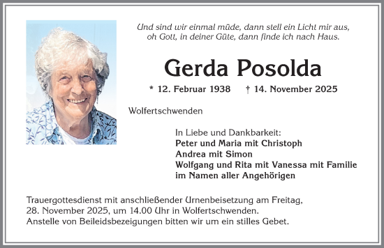Traueranzeige von Gerda Posolda von Memminger Zeitung