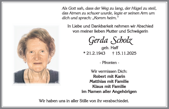 Traueranzeige von Gerda Scholz von Allgäuer Zeitung, Füssen
