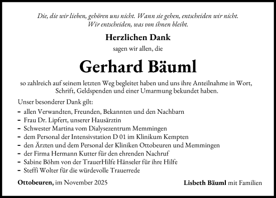 Traueranzeige von Gerhard Bäuml von Memminger Zeitung