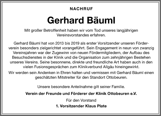 Traueranzeige von Gerhard Bäuml von Memminger Zeitung