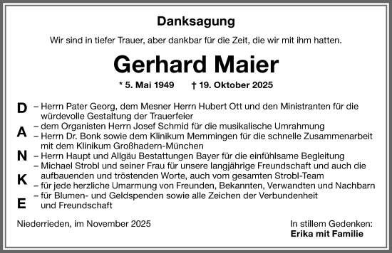 Traueranzeige von Gerhard Maier von Memminger Zeitung