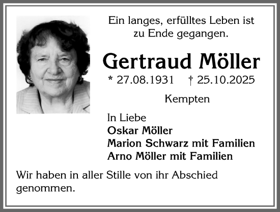 Traueranzeige von Gertraud Möller von Allgäuer Zeitung,Kempten