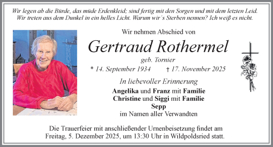 Traueranzeige von Gertraud Rothermel von Allgäuer Zeitung,Kempten