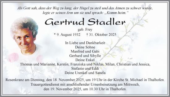 Traueranzeige von Gertrud Stadler von Allgäuer Zeitung, Marktoberdorf