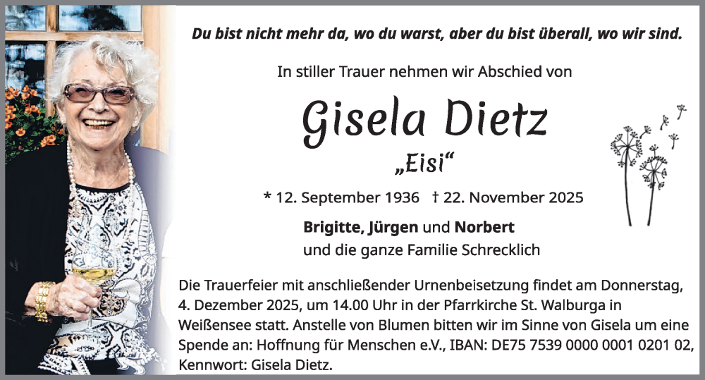  Traueranzeige für Gisela Dietz vom 29.11.2025 aus Allgäuer Zeitung, Füssen