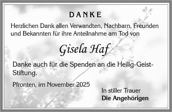 Traueranzeige von Gisela Haf von Allgäuer Zeitung, Füssen