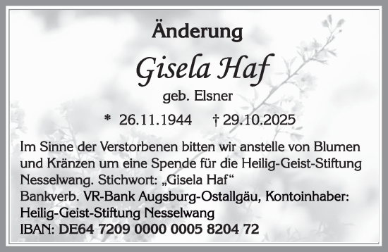 Traueranzeige von Gisela Haf von Allgäuer Zeitung, Füssen