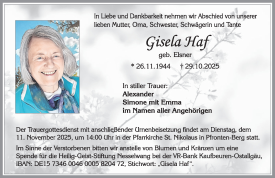 Traueranzeige von Gisela Haf von Allgäuer Zeitung, Füssen