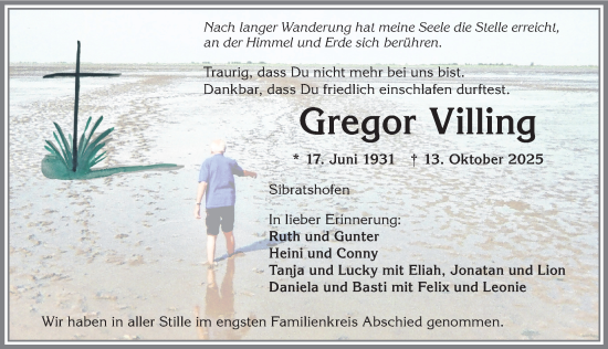 Traueranzeige von Gregor Villing von Allgäuer Zeitung,Kempten