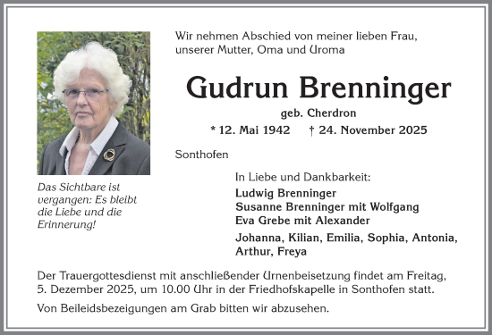 Traueranzeige von Gudrun Brenninger von Allgäuer Anzeigeblatt
