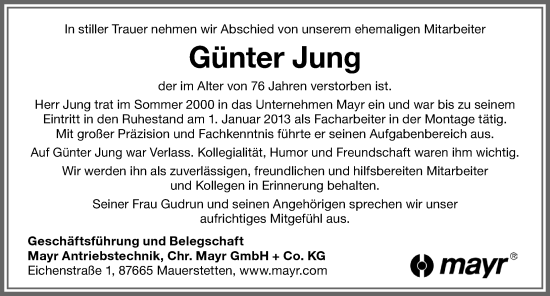 Traueranzeige von Günter Jung von Allgäuer Zeitung, Kaufbeuren/Buchloe