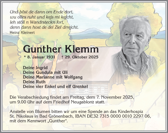 Traueranzeige von Gunther Klemm von Allgäuer Zeitung, Kaufbeuren/Buchloe