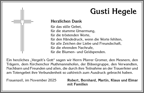 Traueranzeige von Gusti Hegele von Allgäuer Zeitung,Kempten