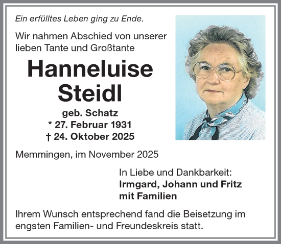Traueranzeige von Hanneluise Steidl von Memminger Zeitung