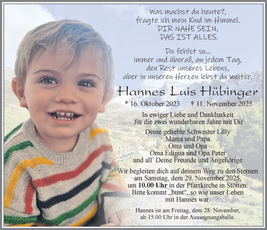Traueranzeige von Hannes Luis Hübinger von Allgäuer Zeitung, Marktoberdorf