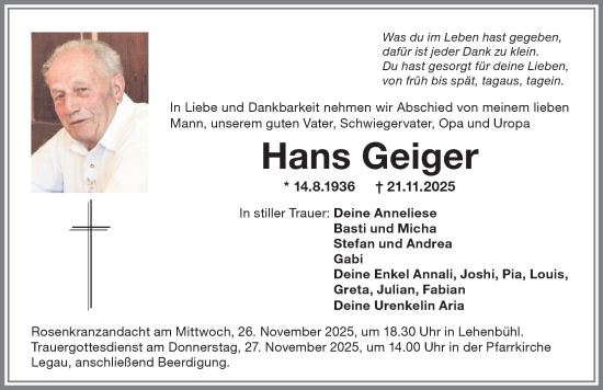 Traueranzeige von Hans Geiger von Memminger Zeitung