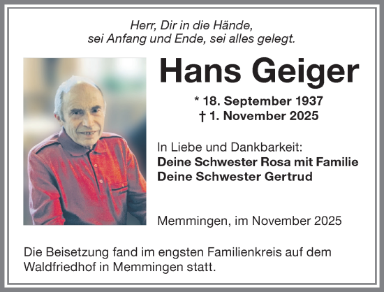 Traueranzeige von Hans Geiger von Memminger Zeitung