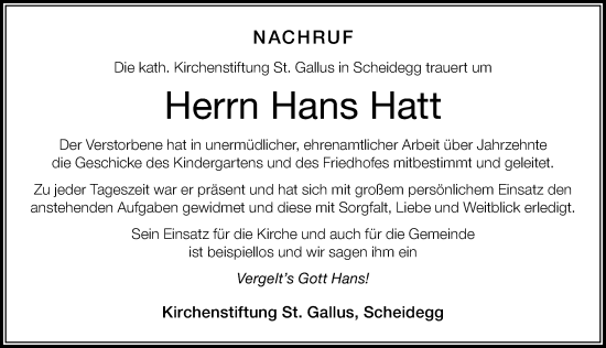 Traueranzeige von Hans Hatt von Der Westallgäuer