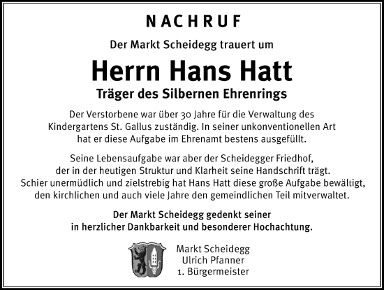 Traueranzeige von Hans Hatt von Der Westallgäuer