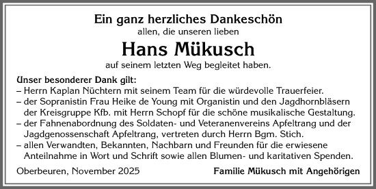 Traueranzeige von Hans Mükusch von Allgäuer Zeitung, Kaufbeuren/Buchloe