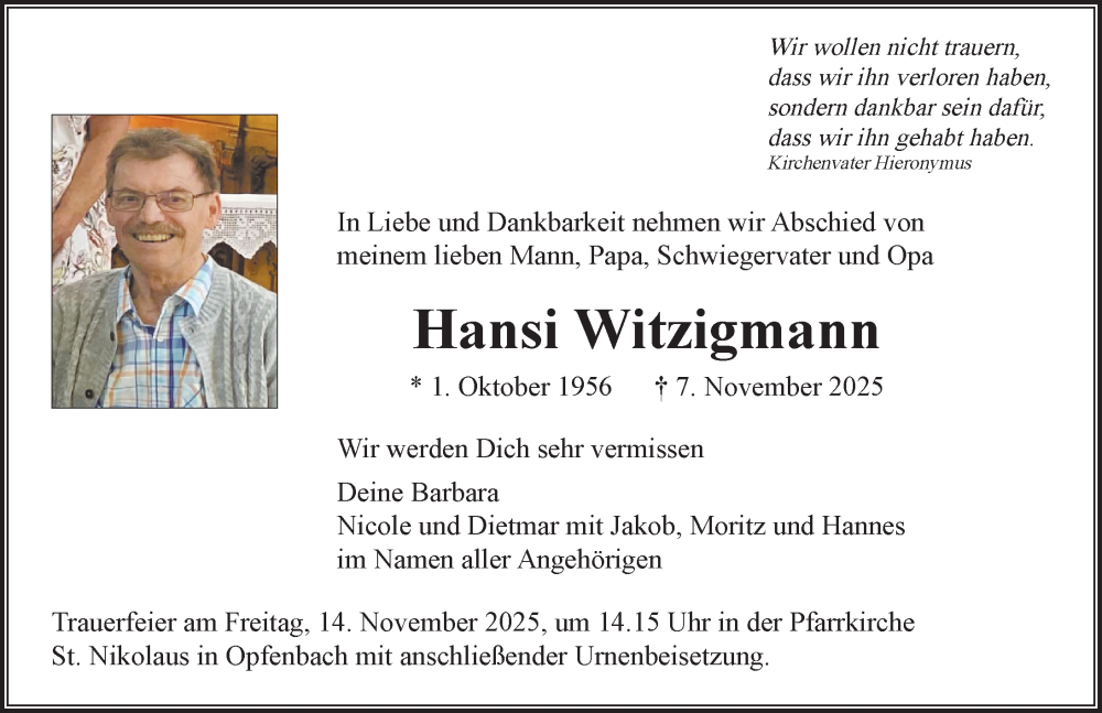  Traueranzeige für Hansi Witzigmann vom 11.11.2025 aus Der Westallgäuer