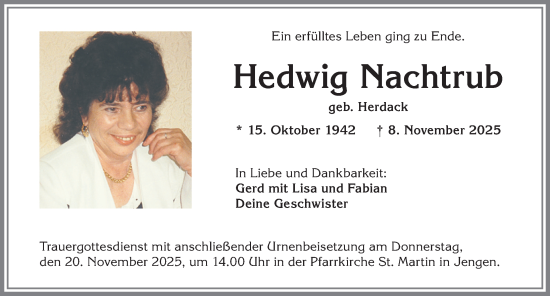 Traueranzeige von Hedwig Nachtrub von Allgäuer Zeitung, Kaufbeuren/Buchloe