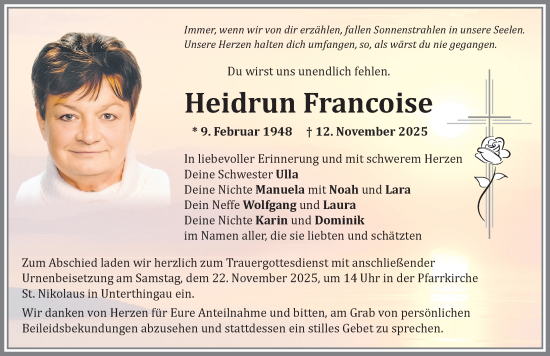Traueranzeige von Heidrun Francoise von Allgäuer Zeitung,Kempten