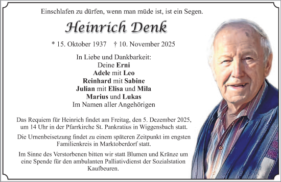 Traueranzeige von Heinrich Denk von Allgäuer Zeitung,Kempten