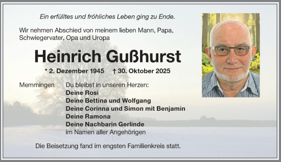 Traueranzeige von Heinrich Gußhurst von Memminger Zeitung