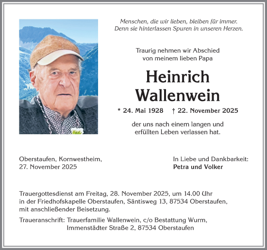 Traueranzeige von Heinrich Wallenwein von Allgäuer Anzeigeblatt