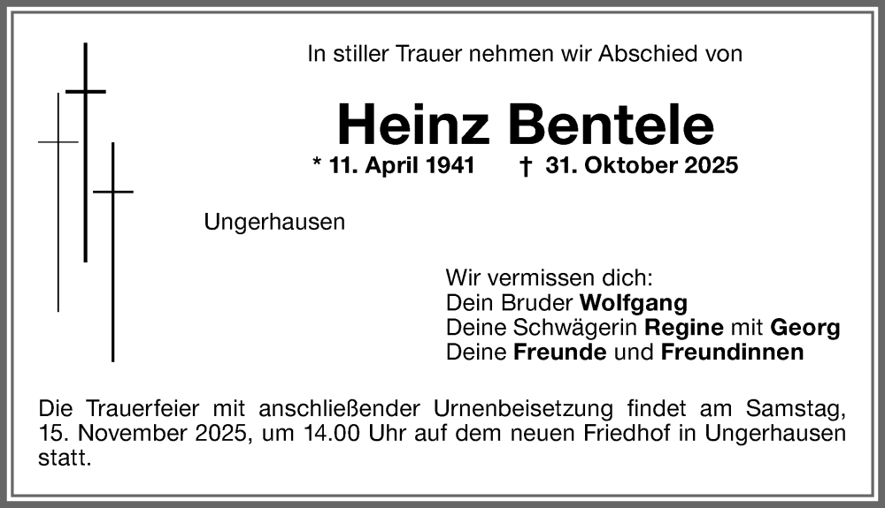  Traueranzeige für Heinz Bentele vom 08.11.2025 aus Memminger Zeitung