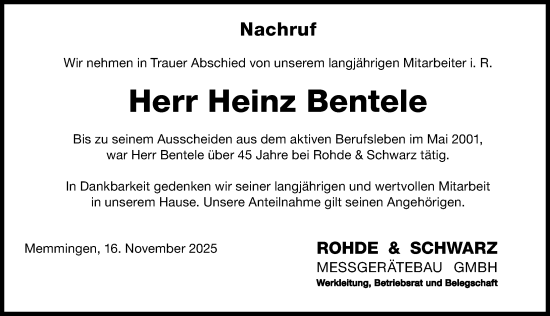 Traueranzeige von Heinz Bentele von Memminger Zeitung