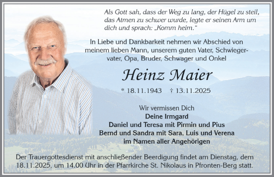 Traueranzeige von Heinz Maier von Allgäuer Zeitung, Füssen