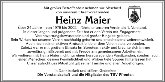 Traueranzeige von Heinz Maier von Allgäuer Zeitung, Füssen