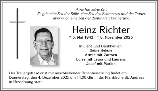 Traueranzeige von Heinz Richter von Allgäuer Zeitung, Füssen