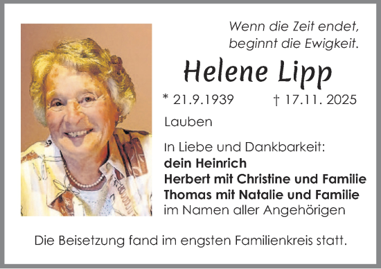Traueranzeige von Helene Lipp von Allgäuer Zeitung,Kempten