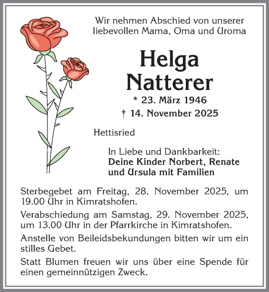 Traueranzeige von Helga Natterer von Allgäuer Zeitung,Kempten