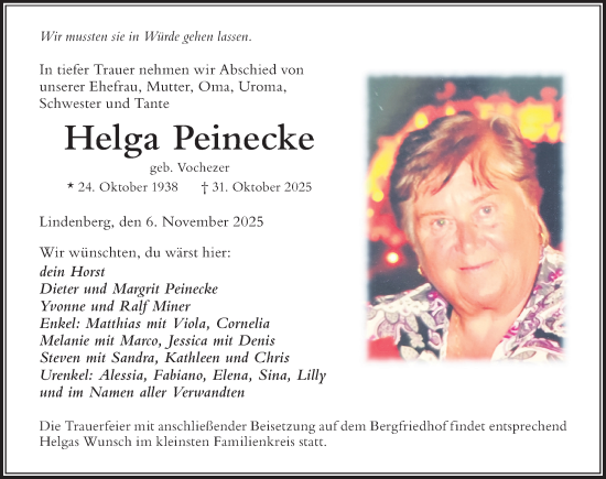 Traueranzeige von Helga Peinecke von Der Westallgäuer