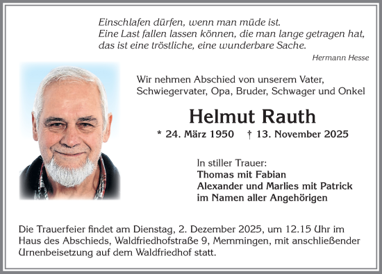 Traueranzeige von Helmut Rauth von Memminger Zeitung