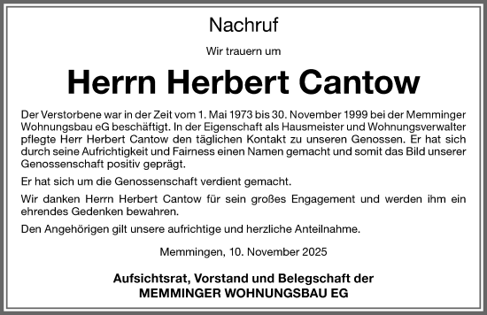 Traueranzeige von Herbert Cantow von Memminger Zeitung