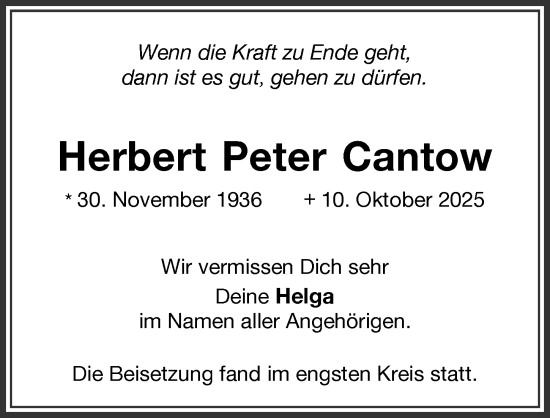 Traueranzeige von Herbert Peter Cantow von Memminger Zeitung