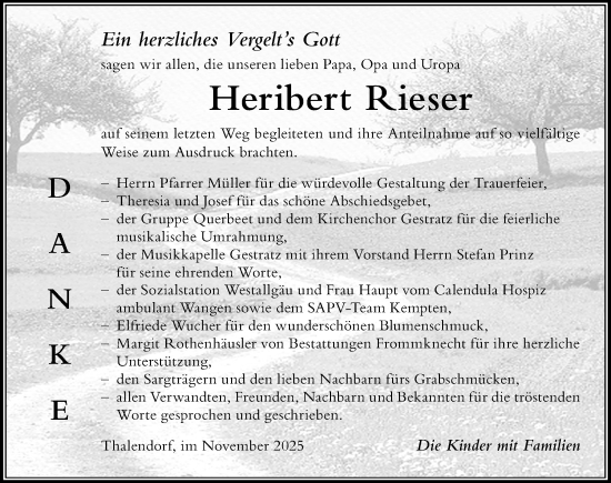 Traueranzeige von Heribert Rieser von Der Westallgäuer