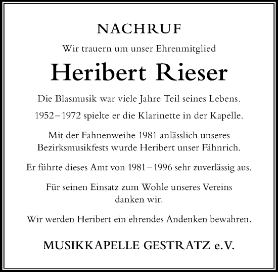 Traueranzeige von Heribert Rieser von Der Westallgäuer